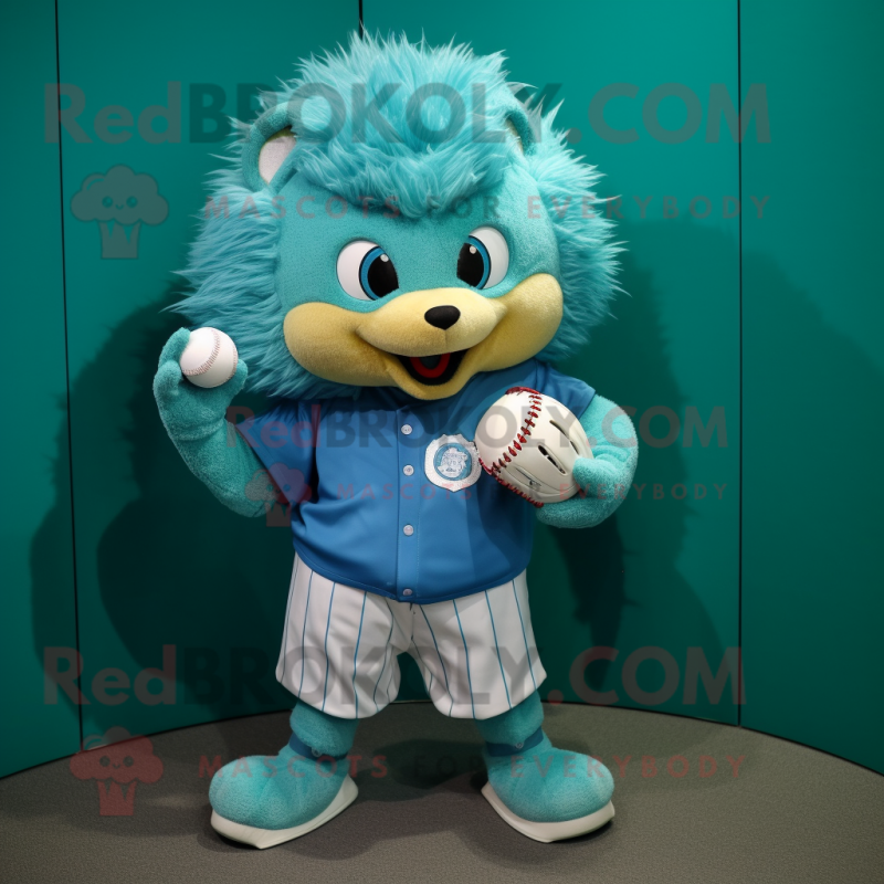 Cyan Hedgehog mascot costume character dressed with a Baseball Tee and Clutch bags Cyan Hedgehog mascot costume character dressed with a Baseball Tee and Clutch bags