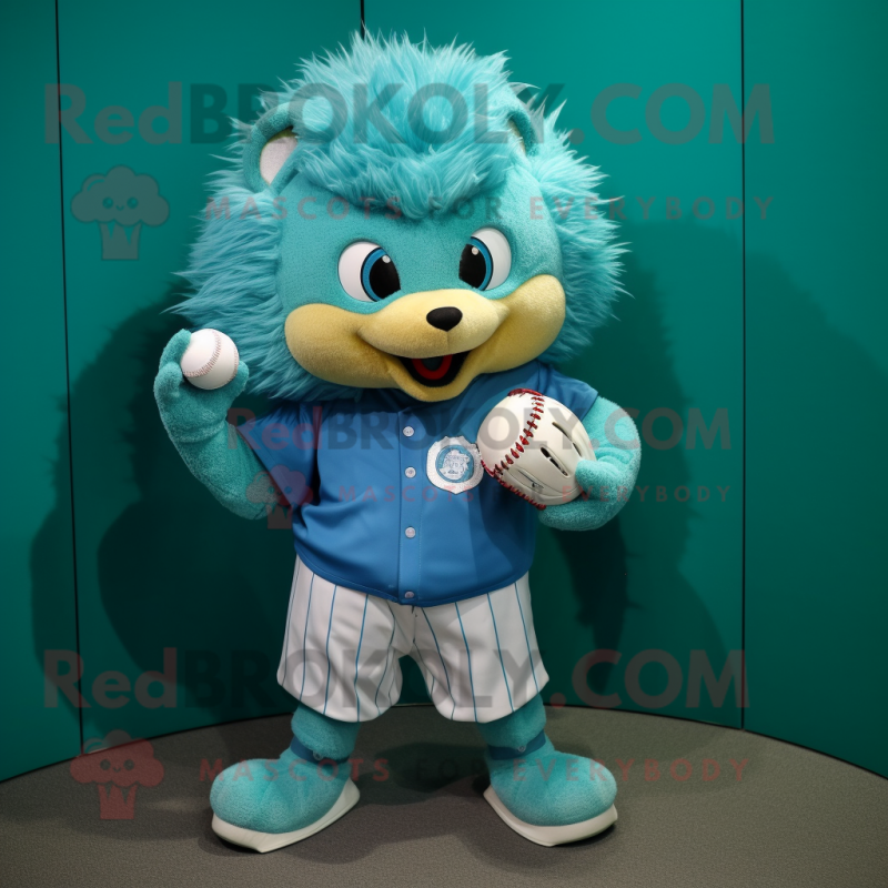 Cyan Hedgehog mascot costume character dressed with a Baseball Tee and Clutch bags