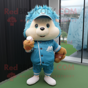 Cyan Hedgehog mascot costume character dressed with a Baseball Tee and Clutch bags