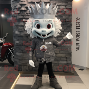 Gray Queen mascot costume character dressed with a Moto Jacket and Bracelet watches