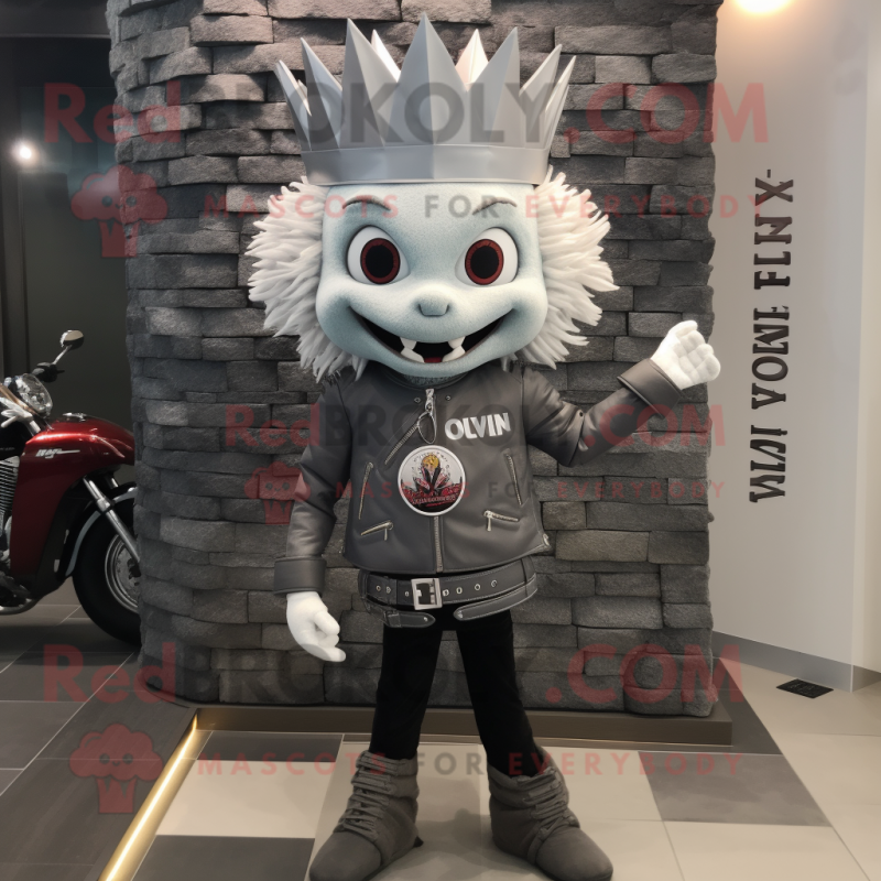 Gray Queen mascot costume character dressed with a Moto Jacket and Bracelet watches Gray Queen mascot costume character dressed with a Moto Jacket and Bracelet watches
