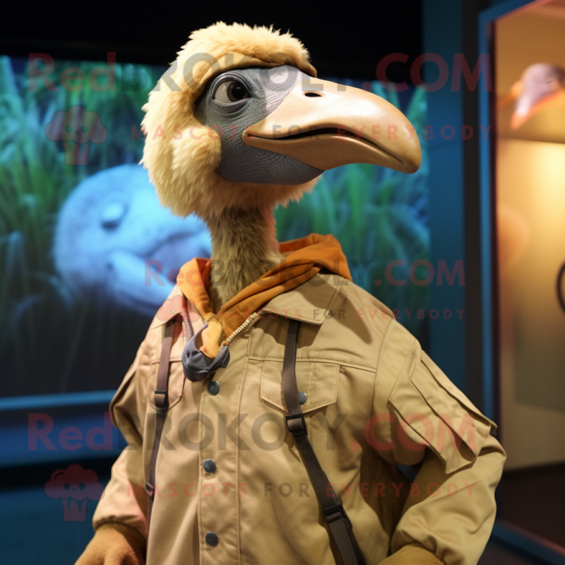 Tan Dodo Bird mascot costume character dressed with a Windbreaker and Wraps Tan Dodo Bird mascot costume character dressed with a Windbreaker and Wraps