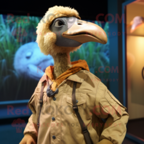 Tan Dodo Bird mascot costume character dressed with a Windbreaker and Wraps