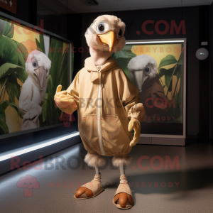 Tan Dodo Bird mascot costume character dressed with a Windbreaker and Wraps