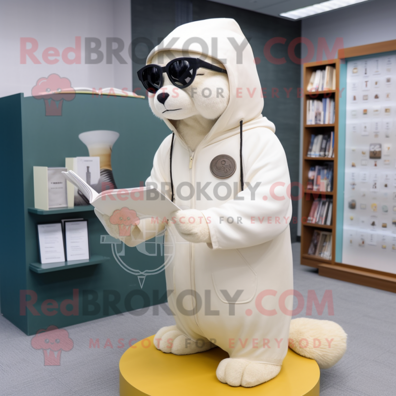 Cream Seal mascot costume character dressed with a Hoodie and Reading glasses