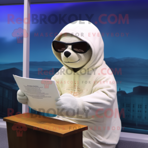 Cream Seal mascot costume character dressed with a Hoodie and Reading glasses
