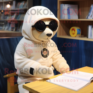 Cream Seal mascot costume character dressed with a Hoodie and Reading glasses