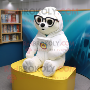 Cream Seal mascot costume character dressed with a Hoodie and Reading glasses