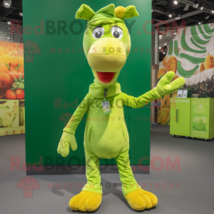Lime Green Giraffe mascot costume character dressed with a Corduroy Pants and Beanies