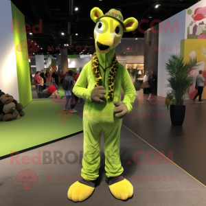 Lime Green Giraffe mascot costume character dressed with a Corduroy Pants and Beanies