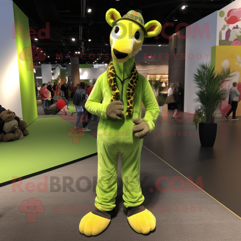 Lime Green Giraffe mascot costume character dressed with a Corduroy Pants and Beanies Lime Green Giraffe mascot costume character dressed with a Corduroy Pants and Beanies