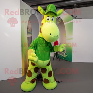 Lime Green Giraffe mascot costume character dressed with a Corduroy Pants and Beanies