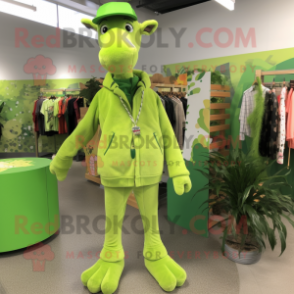 Lime Green Giraffe mascot costume character dressed with a Corduroy Pants and Beanies