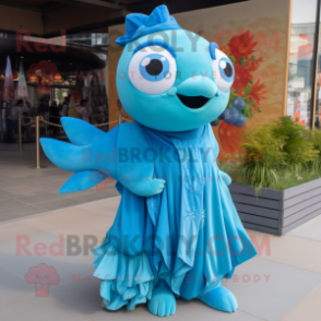 Blue Goldfish mascot costume character dressed with a Maxi Dress and Brooches