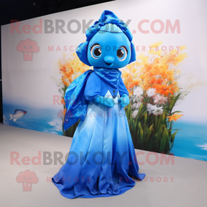 Blue Goldfish mascot costume character dressed with a Maxi Dress and Brooches