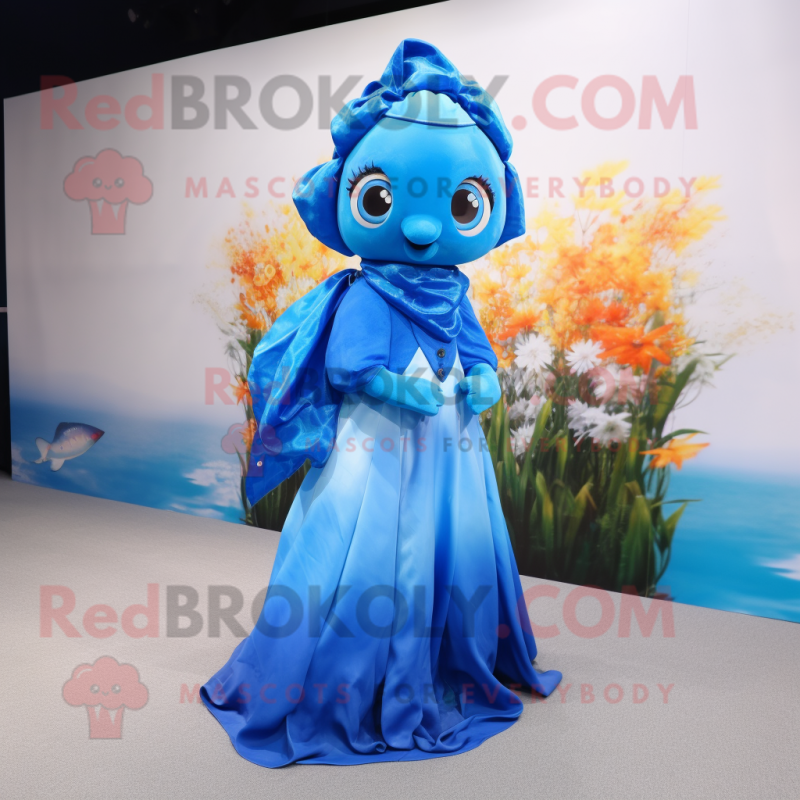 Blue Goldfish mascot costume character dressed with a Maxi Dress and Brooches Blue Goldfish mascot costume character dressed with a Maxi Dress and Brooches