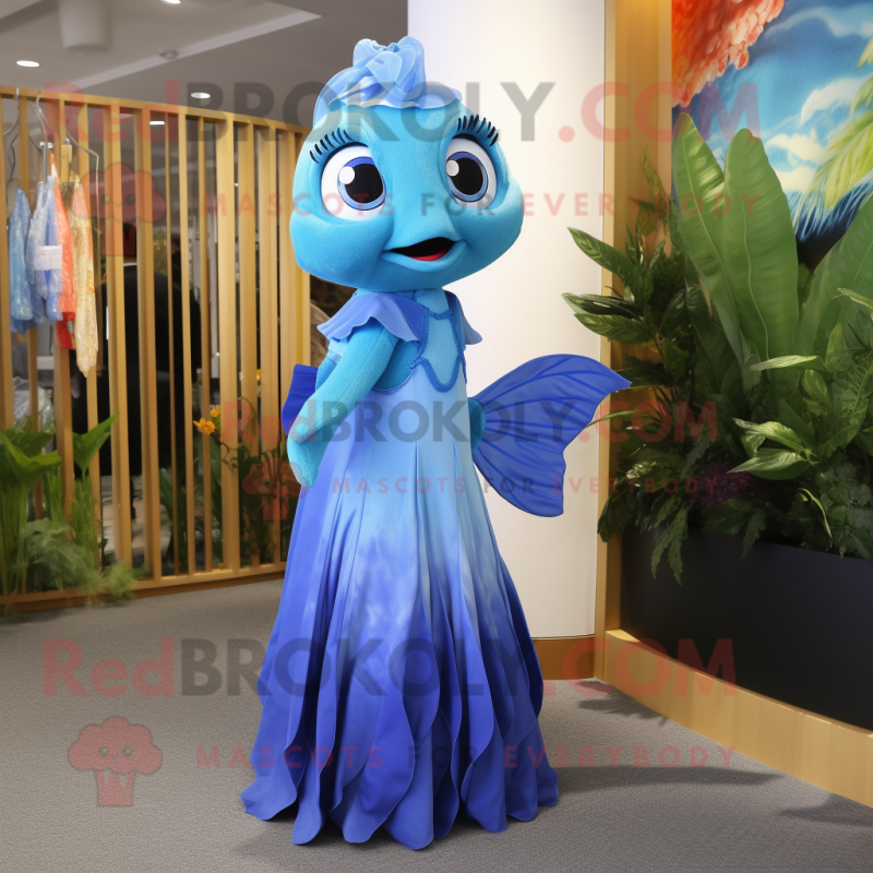 Blue Goldfish mascot costume character dressed with a Maxi Dress and Brooches