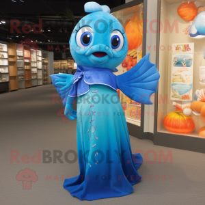 Blue Goldfish mascot costume character dressed with a Maxi Dress and Brooches