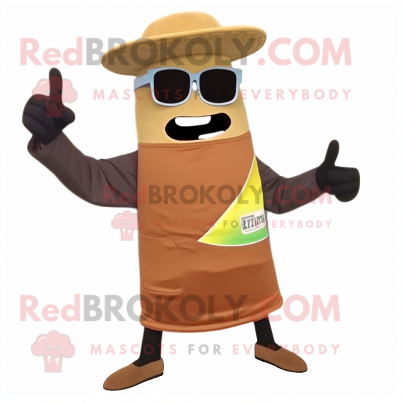 Brown Enchiladas mascot costume character dressed with a Chinos and Sunglasses Brown Enchiladas mascot costume character dressed with a Chinos and Sunglasses