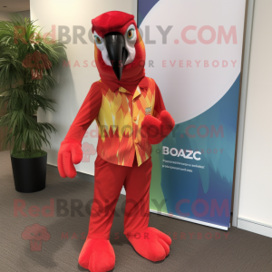 Red Macaw mascot costume character dressed with a Playsuit and Pocket squares