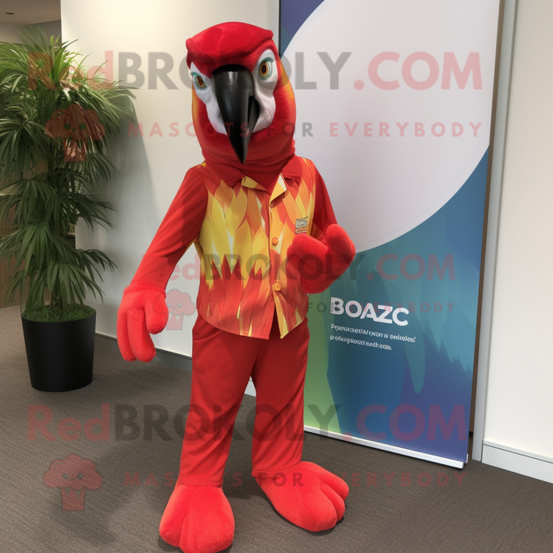 Red Macaw mascot costume character dressed with a Playsuit and Pocket squares Red Macaw mascot costume character dressed with a Playsuit and Pocket squares