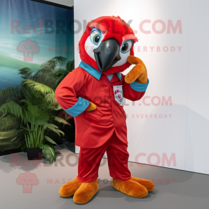 Red Macaw mascot costume character dressed with a Playsuit and Pocket squares