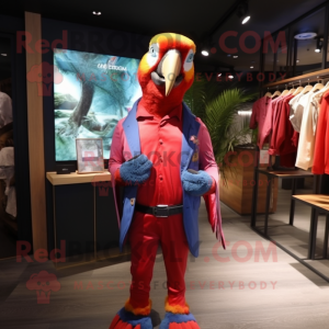 Red Macaw mascot costume character dressed with a Playsuit and Pocket squares