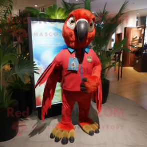 Red Macaw mascot costume character dressed with a Playsuit and Pocket squares