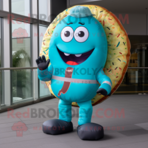 Turquoise Donut mascot costume character dressed with a Rash Guard and Wraps