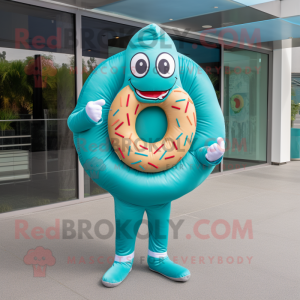 Turquoise Donut mascot costume character dressed with a Rash Guard and Wraps