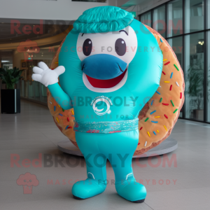 Turquoise Donut mascot costume character dressed with a Rash Guard and Wraps