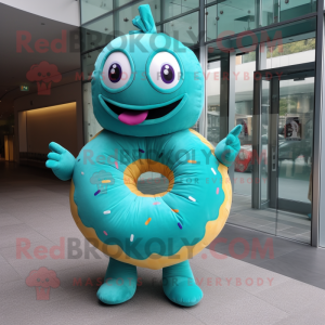 Turquoise Donut mascot costume character dressed with a Rash Guard and Wraps