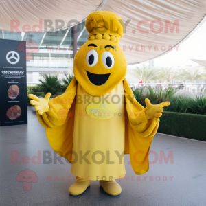 Yellow Paella mascot costume character dressed with a Cover-up and Rings