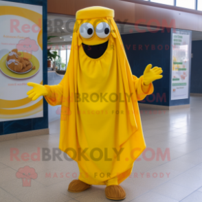 Yellow Paella mascot costume character dressed with a Cover-up and Rings