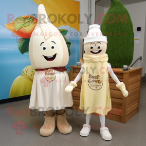 Cream Beet mascot costume character dressed with a Wrap Dress and Berets