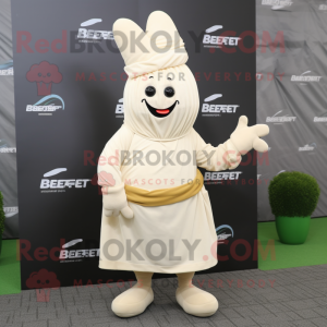 Cream Beet mascot costume character dressed with a Wrap Dress and Berets