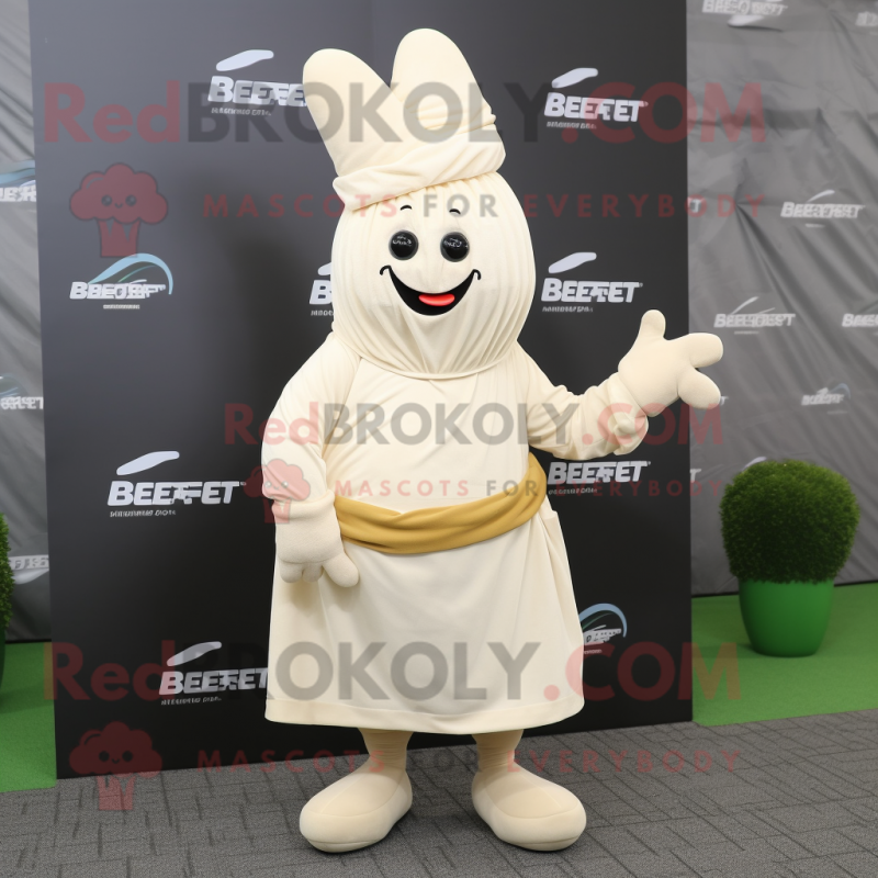 Cream Beet mascot costume character dressed with a Wrap Dress and Berets Cream Beet mascot costume character dressed with a Wrap Dress and Berets