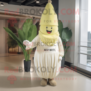 Cream Beet mascot costume character dressed with a Wrap Dress and Berets