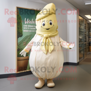Cream Beet mascot costume character dressed with a Wrap Dress and Berets