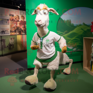 Olive Boer Goat mascot costume character dressed with a Running Shorts and Lapel pins