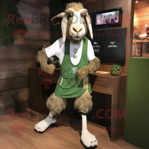 Olive Boer Goat mascot costume character dressed with a Running Shorts and Lapel pins