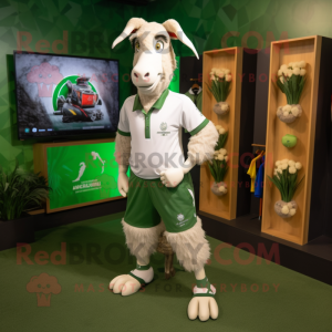 Olive Boer Goat mascot costume character dressed with a Running Shorts and Lapel pins