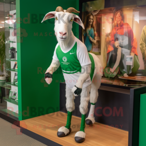 Olive Boer Goat mascot costume character dressed with a Running Shorts and Lapel pins