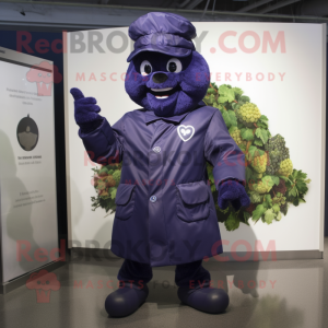 Navy Grape mascot costume character dressed with a Jacket and Gloves