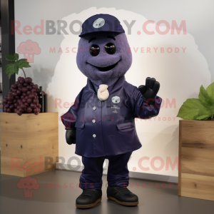 Navy Grape mascot costume character dressed with a Jacket and Gloves