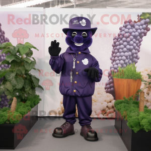 Navy Grape mascot costume character dressed with a Jacket and Gloves