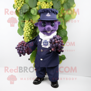 Navy Grape mascot costume character dressed with a Jacket and Gloves