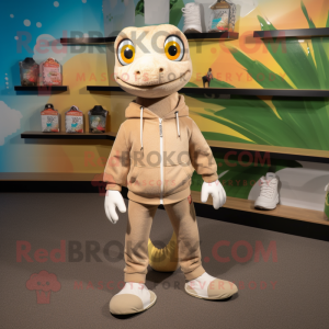 Tan Geckos mascot costume character dressed with a Sweatshirt and Shoe laces