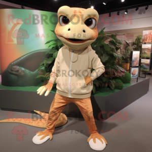 Tan Geckos mascot costume character dressed with a Sweatshirt and Shoe laces