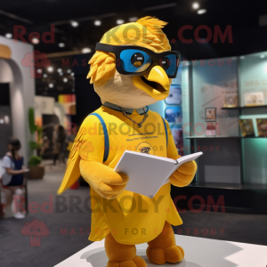 Yellow Falcon mascot costume character dressed with a Polo Tee and Reading glasses
